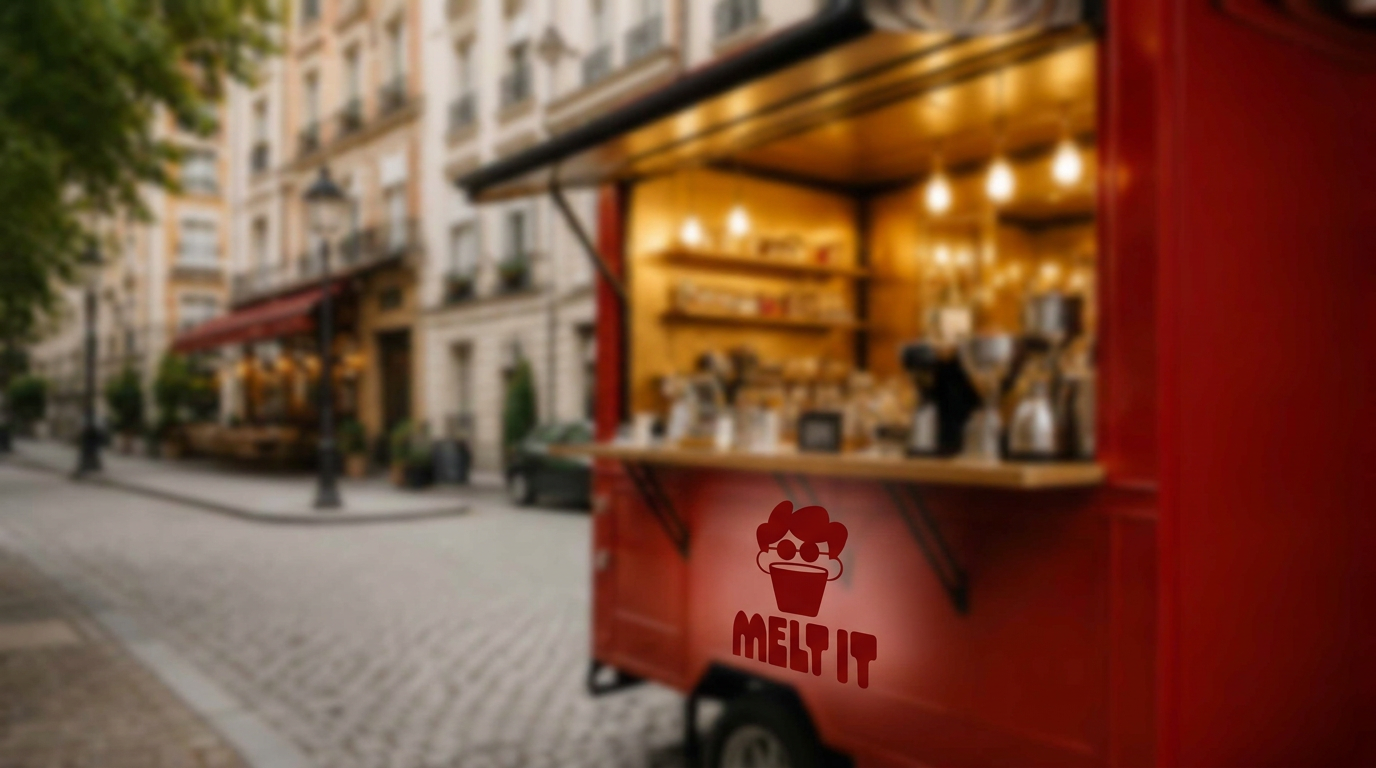 MELT IT business card in a red interior