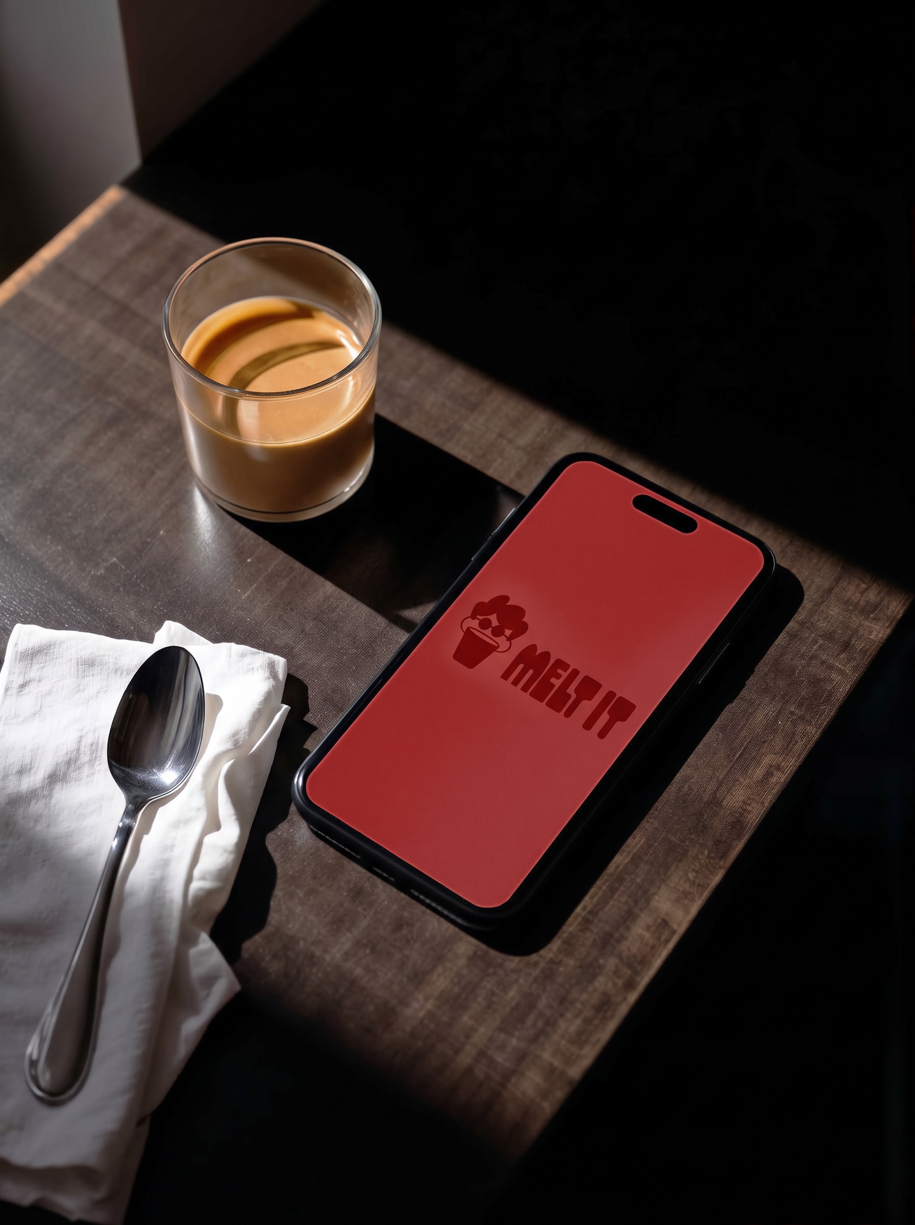 MELT IT app on a phone next to coffee