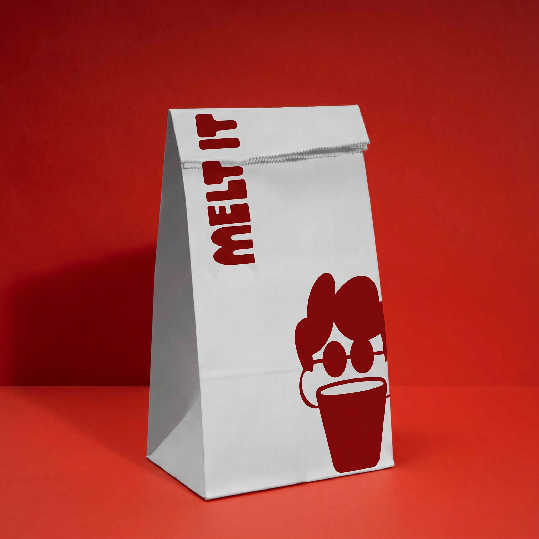 MELT IT red branded bag on red background